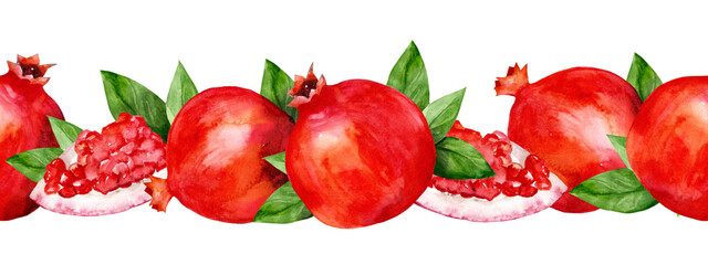 Watercolor border with Pomegranates and leaves. Seamless horizontal illustration with ripe fruits. Handmade drawing for menu and design