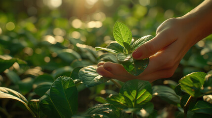 Hands Cradling Green Sprout in Sunlit Forest. Nature and Growth