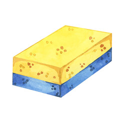 Blue and yellow bathroom sponge in watercolor. Washing scouring pad for Scrubbing dishes, countertops, sink and other surfaces. Clipart for housekeeping, janitorial services, sticker, packaging, flyer