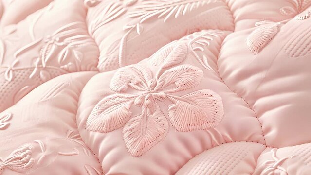 Against a pale pink background the closeup of this quilted fabric headboard reveals a soft and delicate texture. The pastel pink fabric is beautifully quilted in a floral pattern evoking