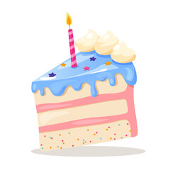 Vector birthday cake slice with burning candle isolated on white background.	

