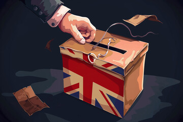 A hand is putting Vote card into a cardboard box with a British flag on it