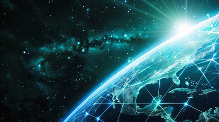 Obraz premium Global network and data exchange over Earth from space