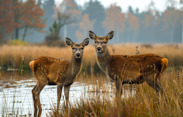 Obraz premium Two deer standing in a field by a body of water