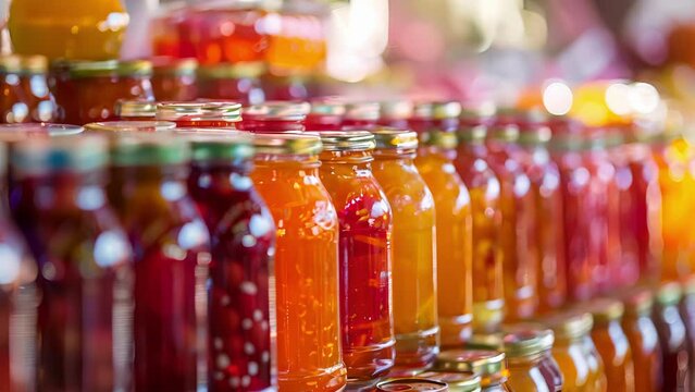 Soft focus on a vendor proudly displaying their homemade jams and jellies at an indoor farmers market.