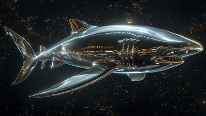 A striking metallic shark sculpture with a geometric design, showcasing modern art's sleek and reflective qualities in a captivating abstract form.