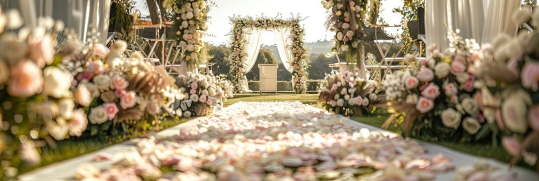 outdoor wedding with podium under floral decorative wedding altar - empty scene with no people