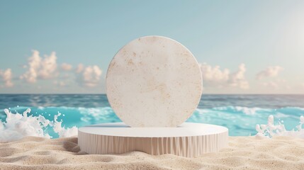 Obraz premium Beach podium for summer product display, 3D sand platform by the sea, sunny sky backdrop, ideal for holiday promotions, travel banners, and vacation stage presentations