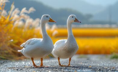 Obraz premium Two white ducks standing next to each other on a road. The ducks are looking at the camera
