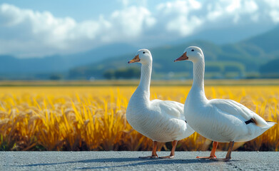Obraz premium Two white ducks standing on a road in front of a field of yellow grass