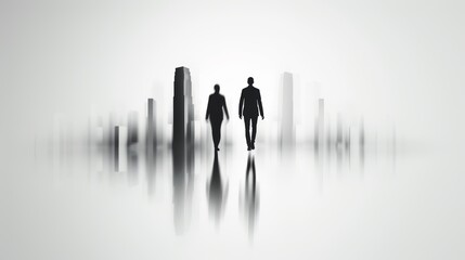 Fototapeta premium Blurred business people in motion against a minimalist cityscape, office skyscraper standing out on a white background, capturing the essence of city life