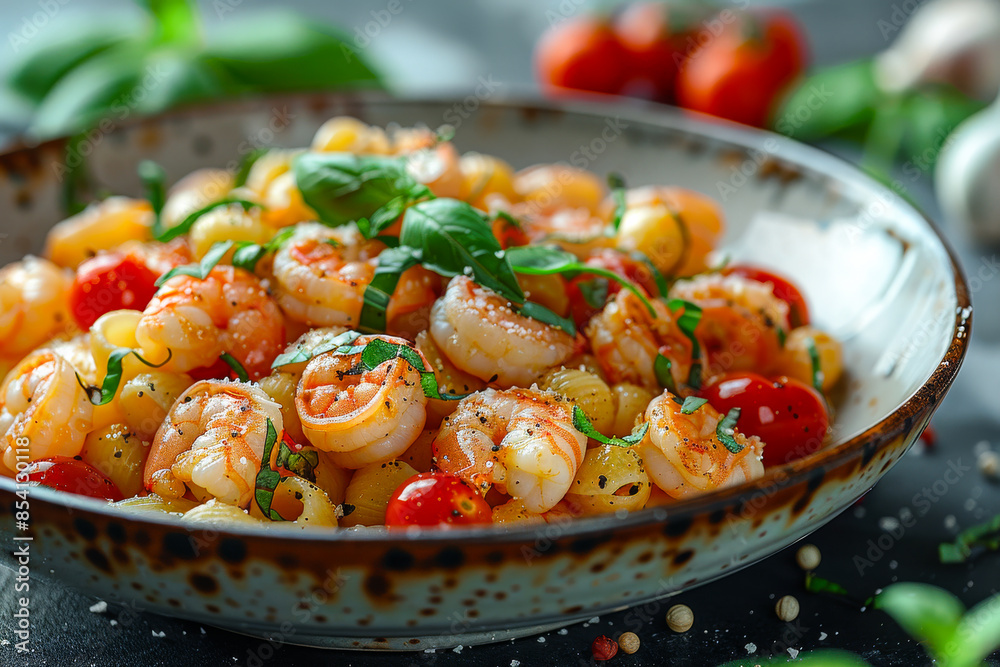 Wall mural A bowl of shrimp and tomato pasta with basil