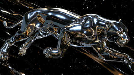 A striking metallic cheetah sculpture with a geometric design, showcasing modern art's sleek and reflective qualities in a captivating abstract form.