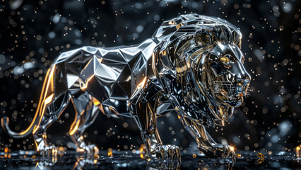 A striking metallic lion sculpture with a geometric design, showcasing modern art's sleek and reflective qualities in a captivating abstract form.