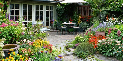 Obraz premium well kept garden and house, with flowers and patio furniture, photo picture style 
