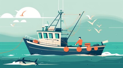 Naklejka premium Colorful fishing boat on the ocean