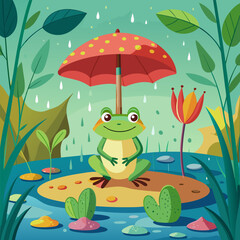 Meet our frog under an umbrella in the swamp: a vector illustration full of life and color
