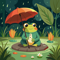 Naklejka premium Frog under an umbrella in the swamp: a vector illustration reflecting the beauty of nature on a rainy day 