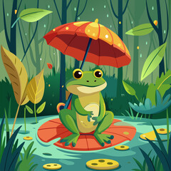 Charming vector work: A frog in a swamp under an umbrella, enjoying the freshness of the rain
