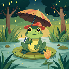 Vector illustration: Frog under an umbrella in a swamp, protecting himself from the rain and enjoying nature
