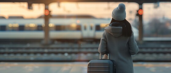 A traveler waiting at the train station with a suitcase, wearing a coat and beanie, during sunrise or sunset.