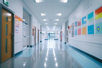 Step into a sparkling school hallway adorned with student artwork and motivational posters, creating an inviting atmosphere for students returning to school.