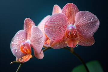 Pink Orchid with Water Droplets on a Blue Background