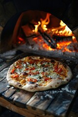Wood-fired pizza baking in a traditional stone oven