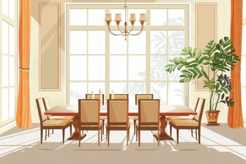 A bright and sunny dining room featuring a spacious wooden table and stylish chairs, set against a clean white background.