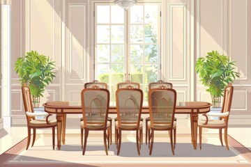 A bright, inviting dining room featuring a spacious wooden table and stylish chairs, bathed in natural sunlight against a clear white background.