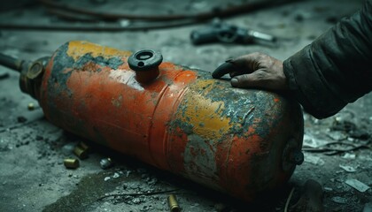 Dramatic image of a hand holding a battle-worn, rusty flamethrower on a moody backdrop