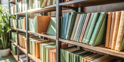 School textbooks in bright bindings stand on shelves in the library