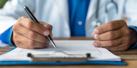 Doctor writing on a clipboard during a patient consultation, highlighting the professionalism, care, and detailed attention in a medical office setting, Generative AI