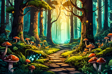A dense forest filled with towering trees, magical creatures peeking from behind trunks, glowing mushroom vector art illustration image.
