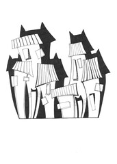 Night illustration poster with cats and houses. Doodle buildings in city. Hand drawn cartoon style street with cute houses. Fantasy street with cats silhouette art.