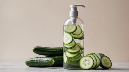 Transparent cosmetic bottle with essence, face and body soap, cucumber extract gel. Cosmetic presentation template, body and face moisturizing concept.