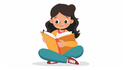 A girl is reading a book against a white backdrop