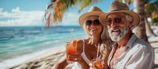 happy Caucasian couple pensioners over 60 years of age enjoying a joint vacation drinking cocktails under palm trees on the beach on the sea or ocean