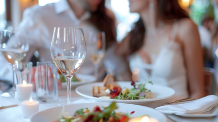 couple in an expensive restaurant in a restaurant in white colors	
