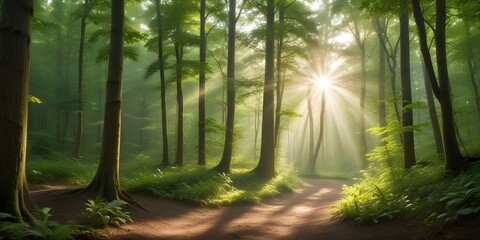 A lush, green forest with tall trees and sunlight streaming through the leaves, creating a serene and peaceful atmosphere. The forest floor is covered in vegetation and dirt paths.