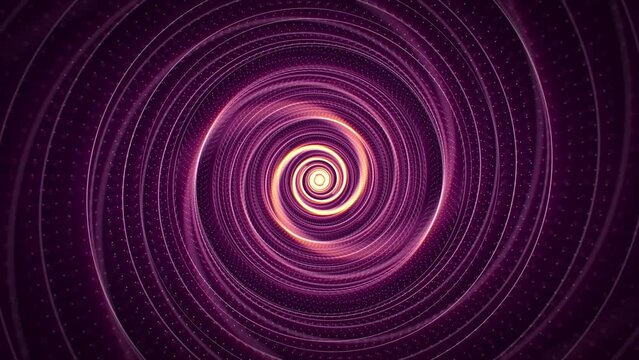 Abstract purple swirl in a shape of round tunnel with shiny dot pattern and soft orange glow effect. Digital background animation for computer technology, science fiction and art performance. 4k 60fps