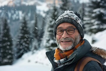 Fototapeta premium Winter Wanderlust Mature Man in Snowy Mountain Solitude