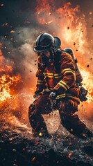 Firefighter battling a blaze with flames in the background.

