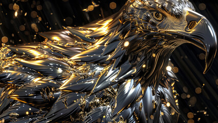 A striking metallic eagle sculpture with a geometric design, showcasing modern art's sleek and reflective qualities in a captivating abstract form.