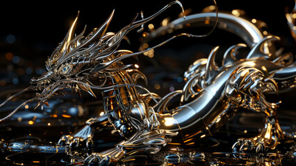 A striking metallic dragon sculpture with a geometric design, showcasing modern art's sleek and reflective qualities in a captivating abstract form.