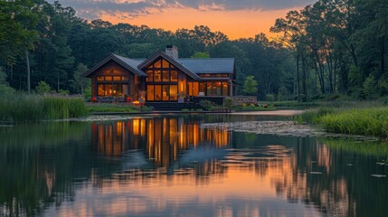 Fototapeta premium A modern cabin sits on a lakefront lot, illuminated from within as the sun sets, casting a warm glow over the water.
