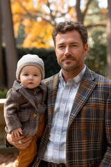 Fototapeta premium Father and baby son in matching plaid outfits, enjoying a sunny autumn day in the park, highlighting the warmth and love of family bonding, Generative AI
