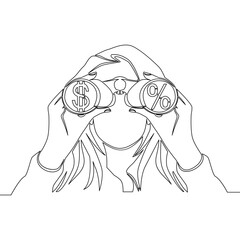 Continuous one single line drawing Investment opportunity, Looking for business opportunities or profit from investment. Businesswoman holding binoculars with dollar and percent symbol concept