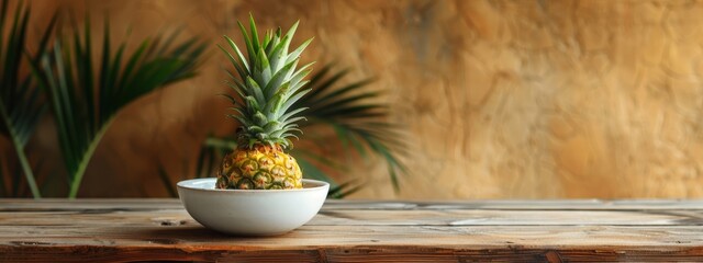  A pineapple rests in a white bowl on a weathered wooden table Nearby stands a palm tree, its trunk against a textured wooden wall