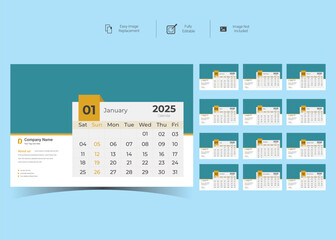 2025 Corporate Desk Calendar Template Design.Set of Desk calendar vector design with  print template